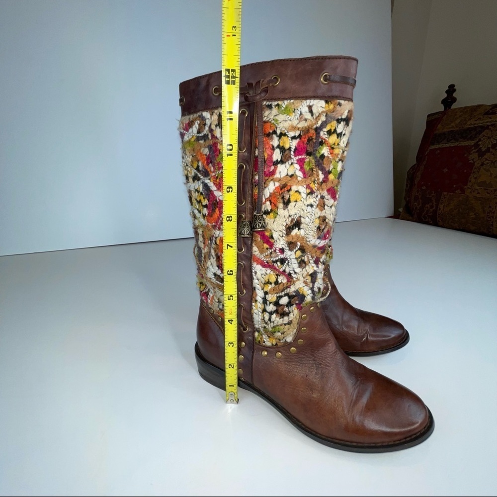 Spring Step Tapestry Woven Mid Calf Boho Western Boot Brown Leather - Picture 14 of 17